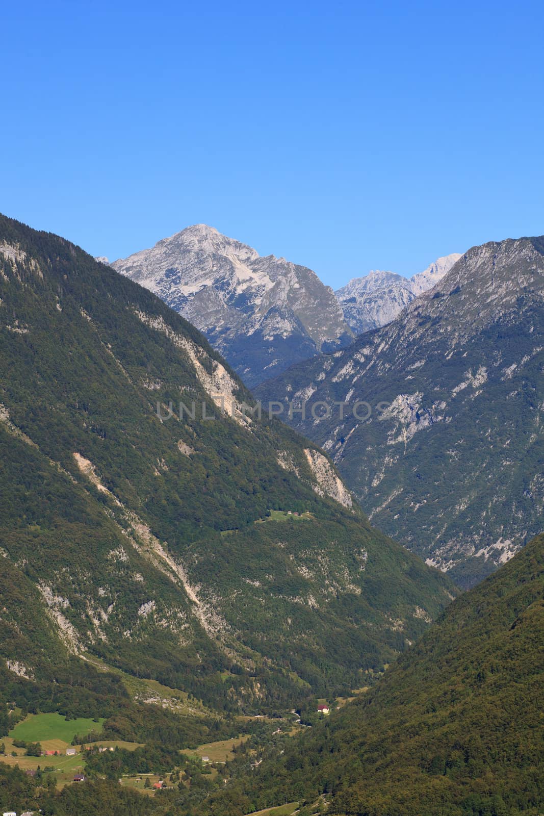 View of Julian Alps in the Slovenian countryside