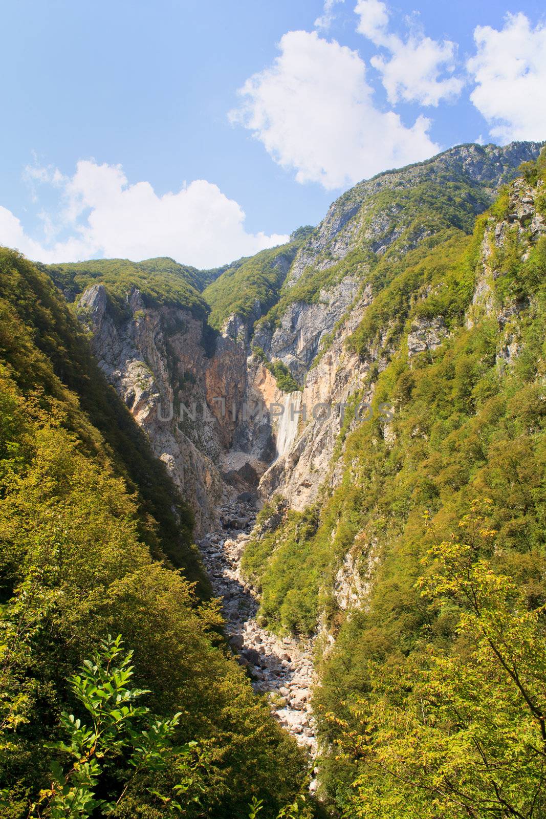 View of dried Waterfall of Boka river, Kanin mountain in the Slovenian Julian Alps