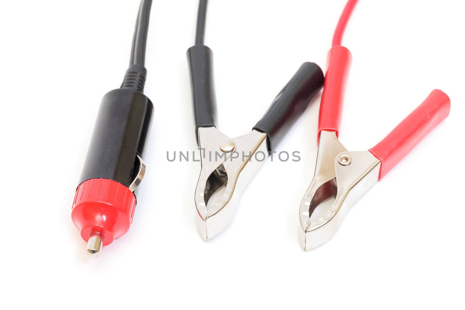 Battery Clamps and Car Charger plug on a white background