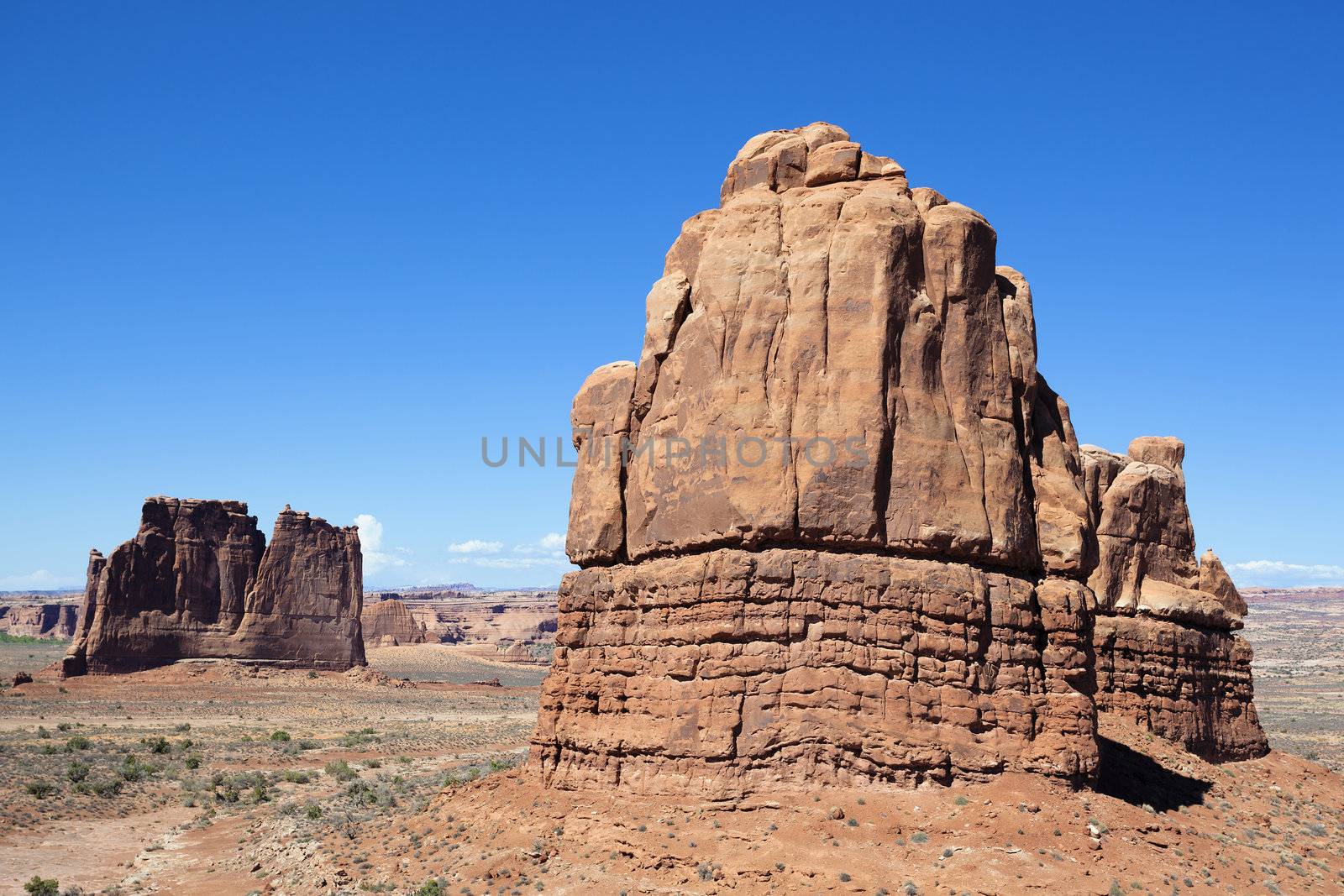 horizontal view of famous Red Rock formations, located in Arches National Park in Moab, Utah 