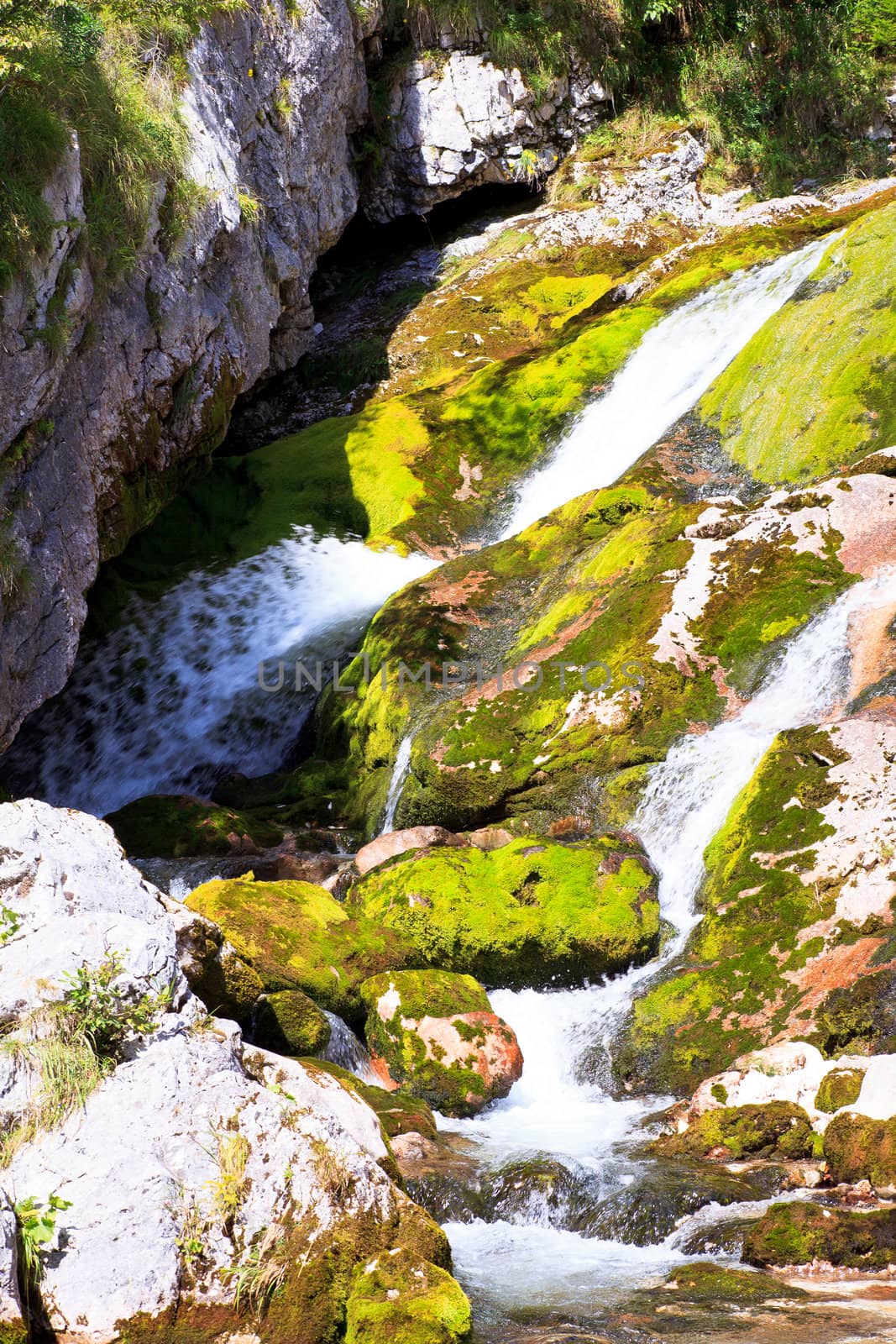 View of Waterfall in the Slovenian Julian Alps