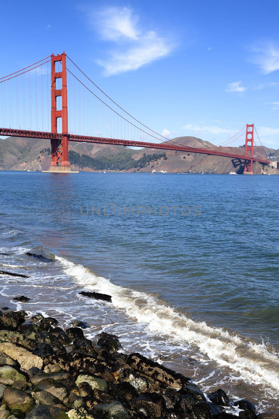 vertical view of famous Golden Gate Bridge in San Francisco, California, USA 