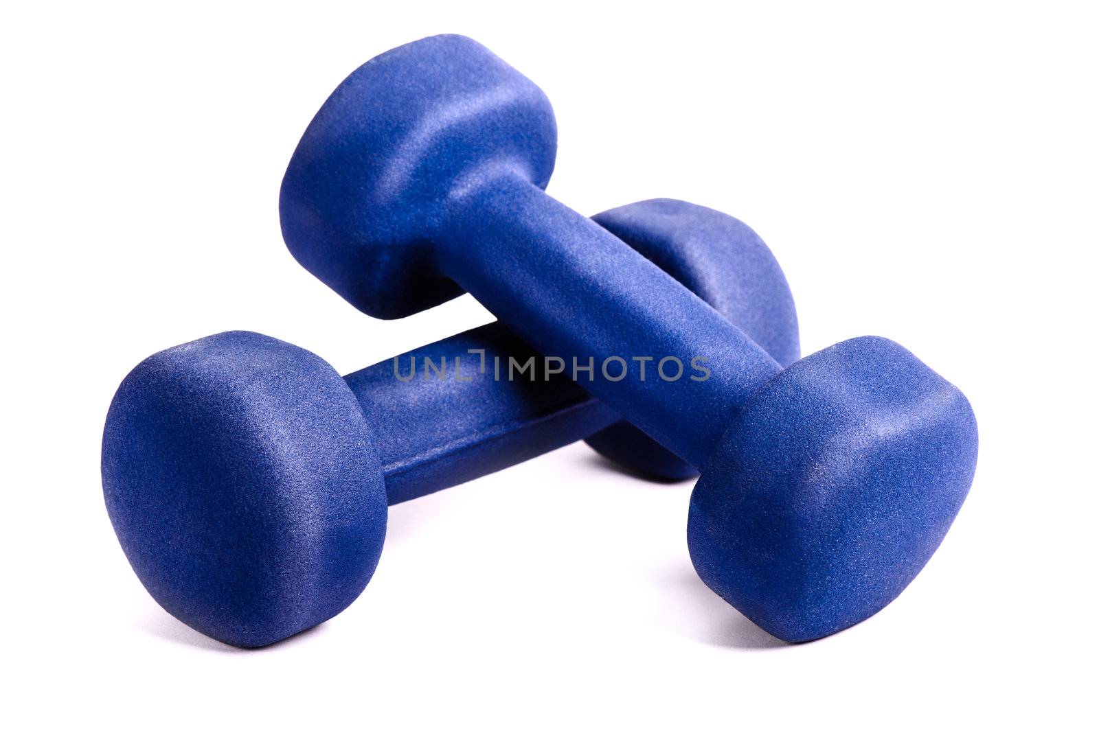 Two blue dumbbells isolated on a white background