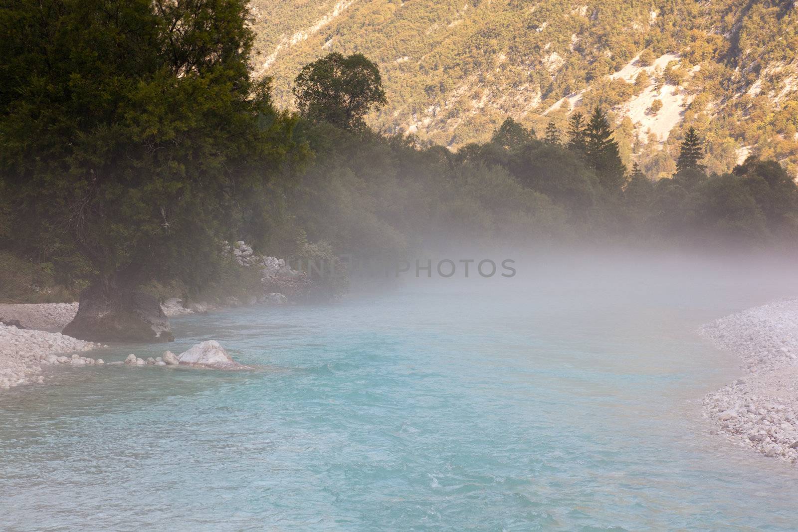 The fog on the Soca river, Slovenian Julian Alps