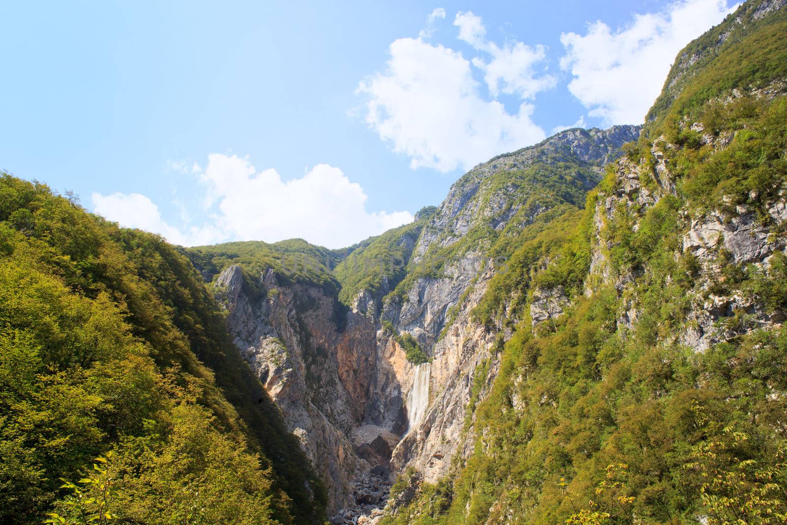 View of dried Waterfall of Boka river, Kanin mountain in the Slovenian Julian Alps