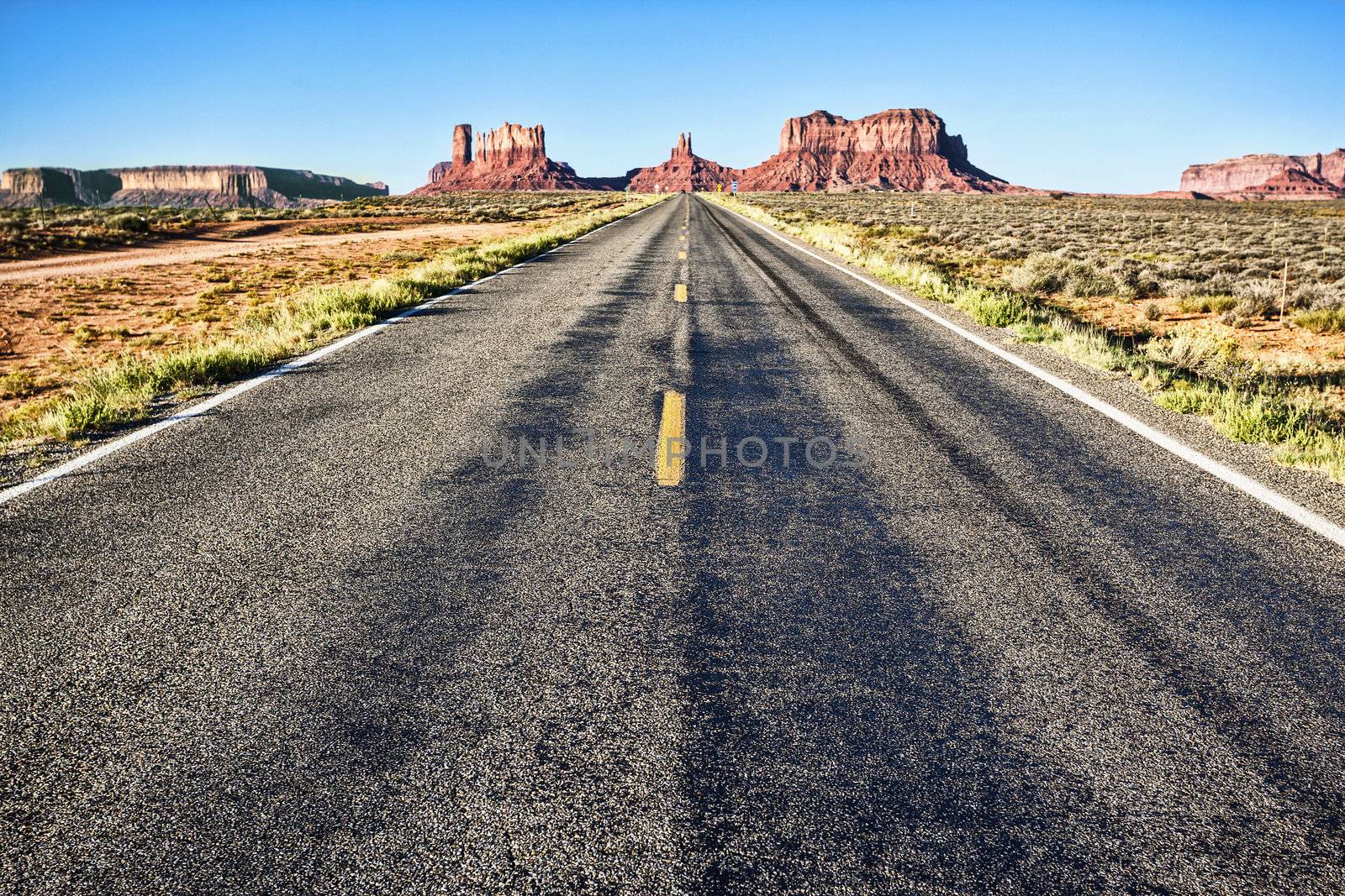 road to Monument Valley with blue sky