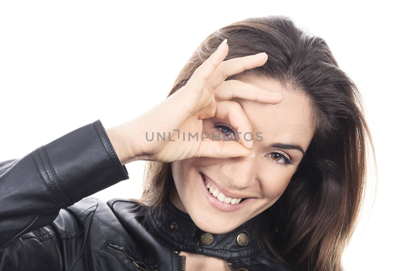 woman looking through hole from fingers  by vwalakte