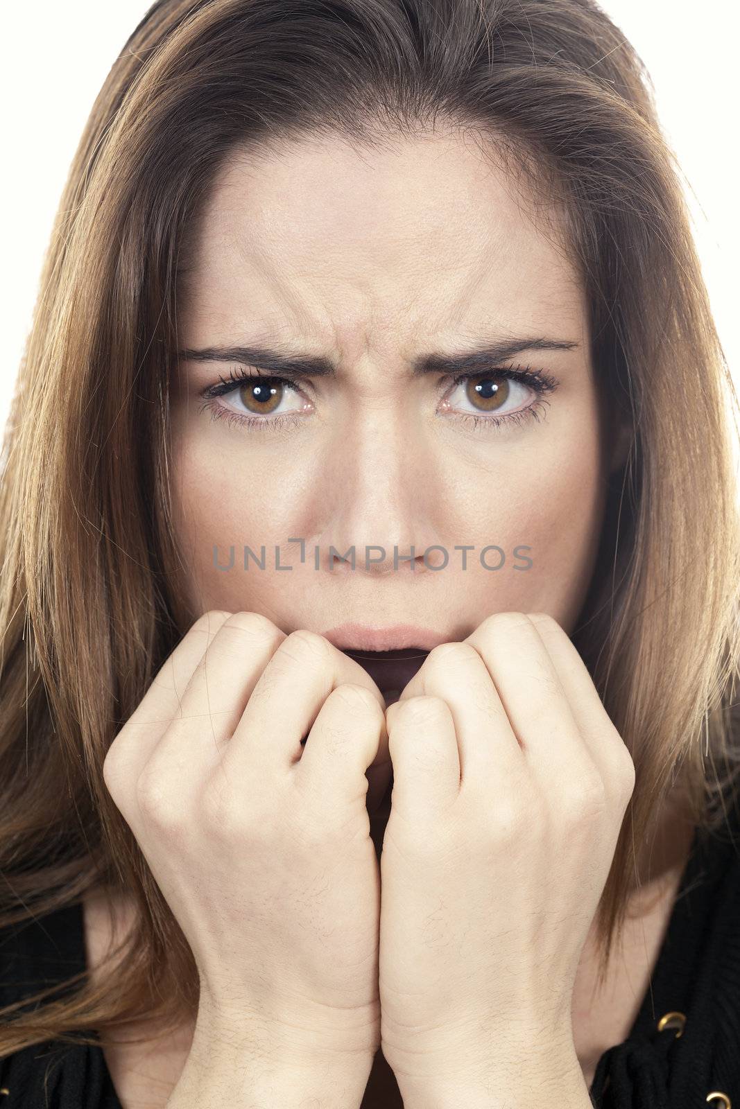 studio shot portrait on isolated white background of a Beautiful Woman fear afraid anxious 
