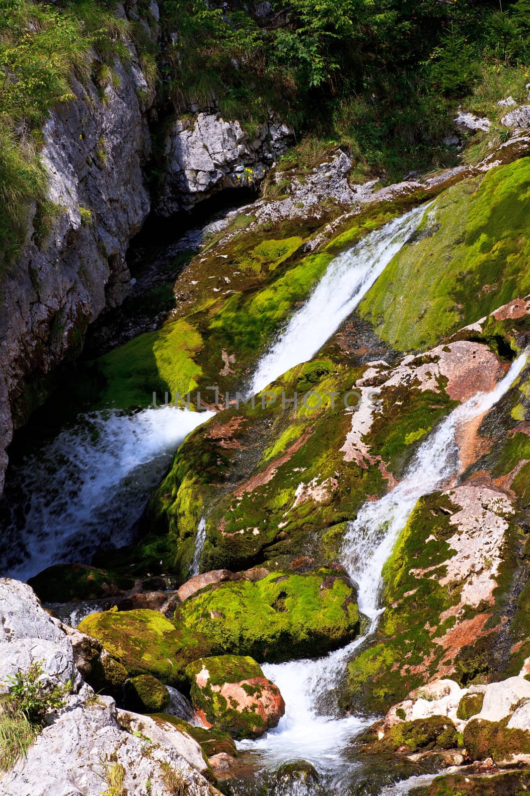 View of Waterfall in the Slovenian Julian Alps