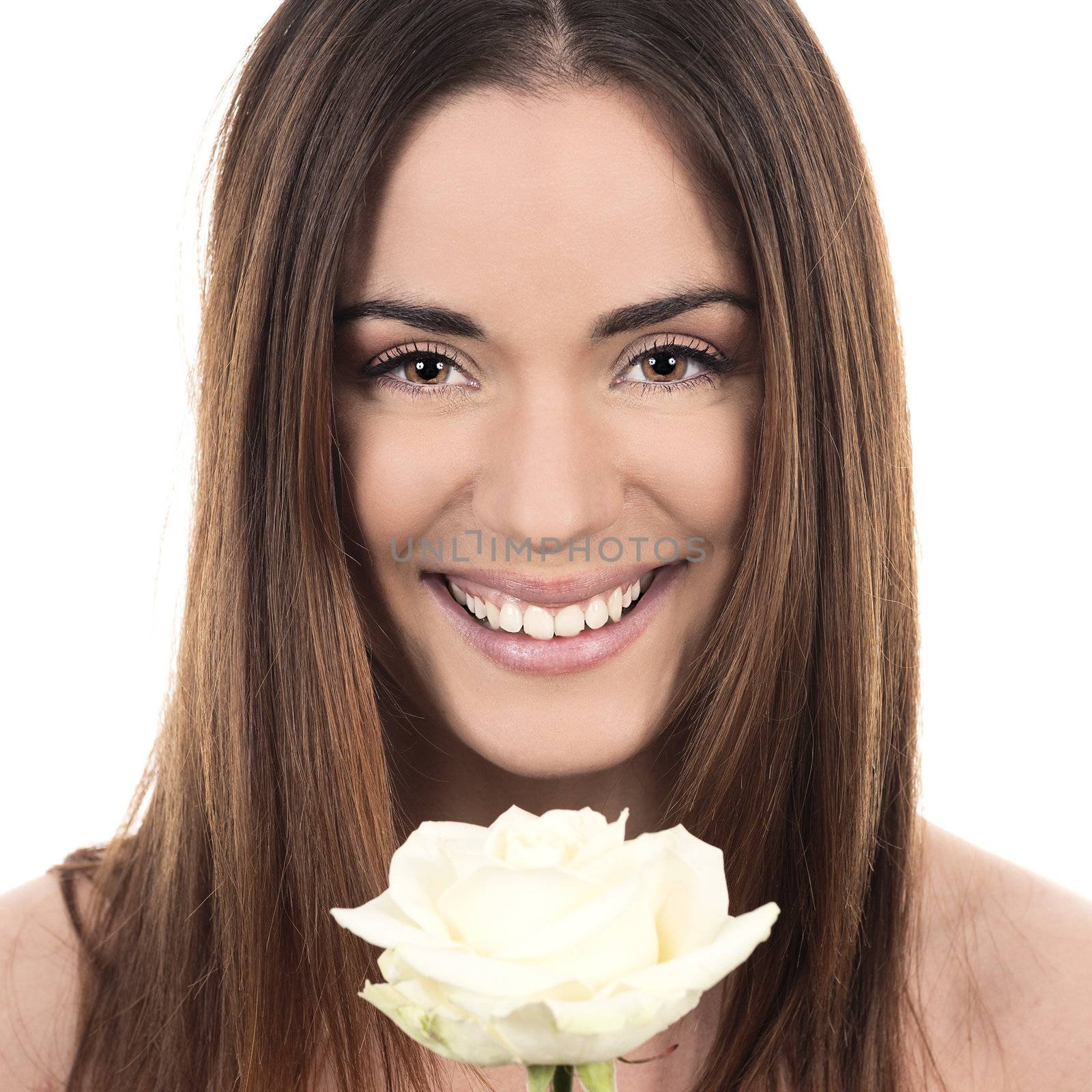 Portrait of beautiful woman with white rose 