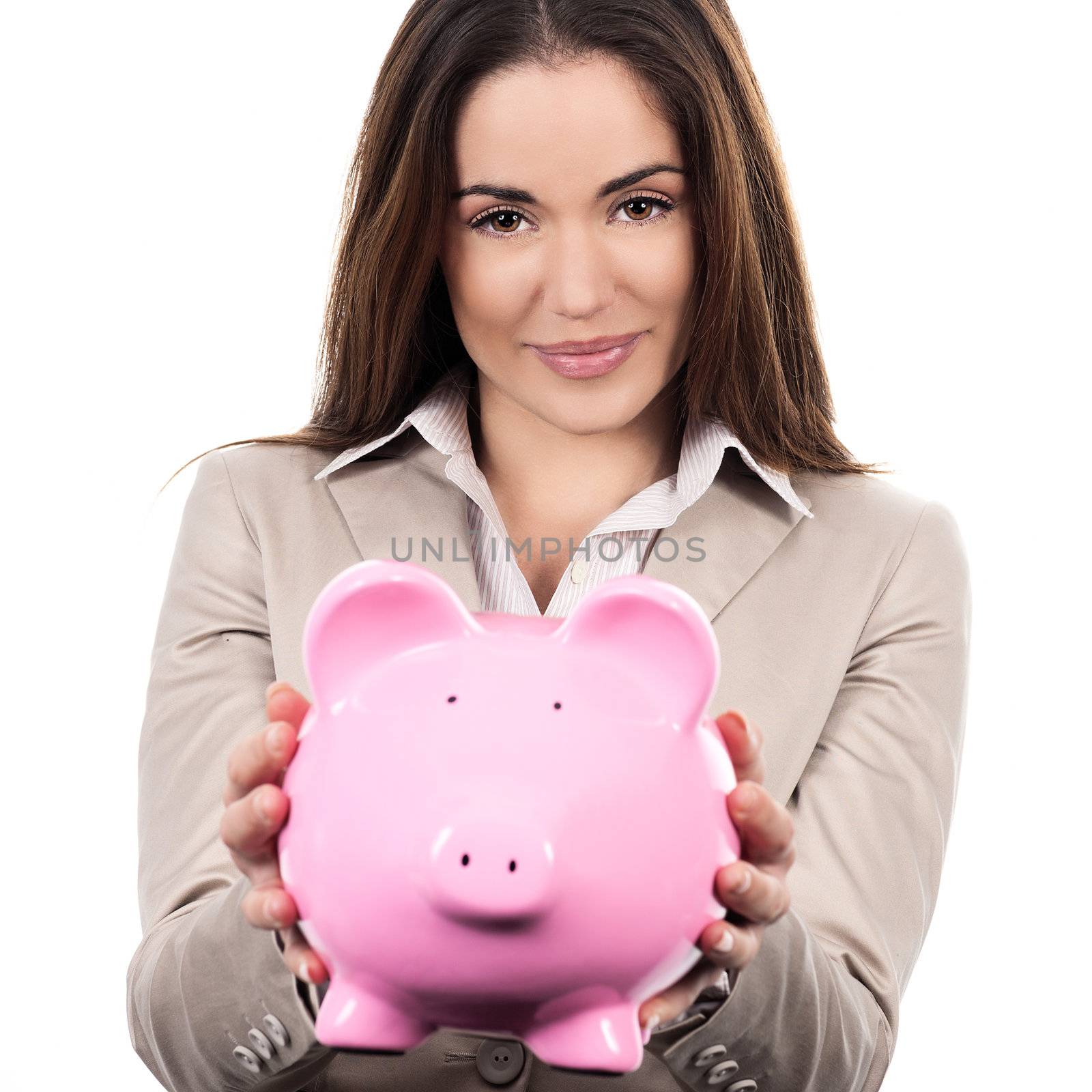 beautiful woman with piggy bank by vwalakte