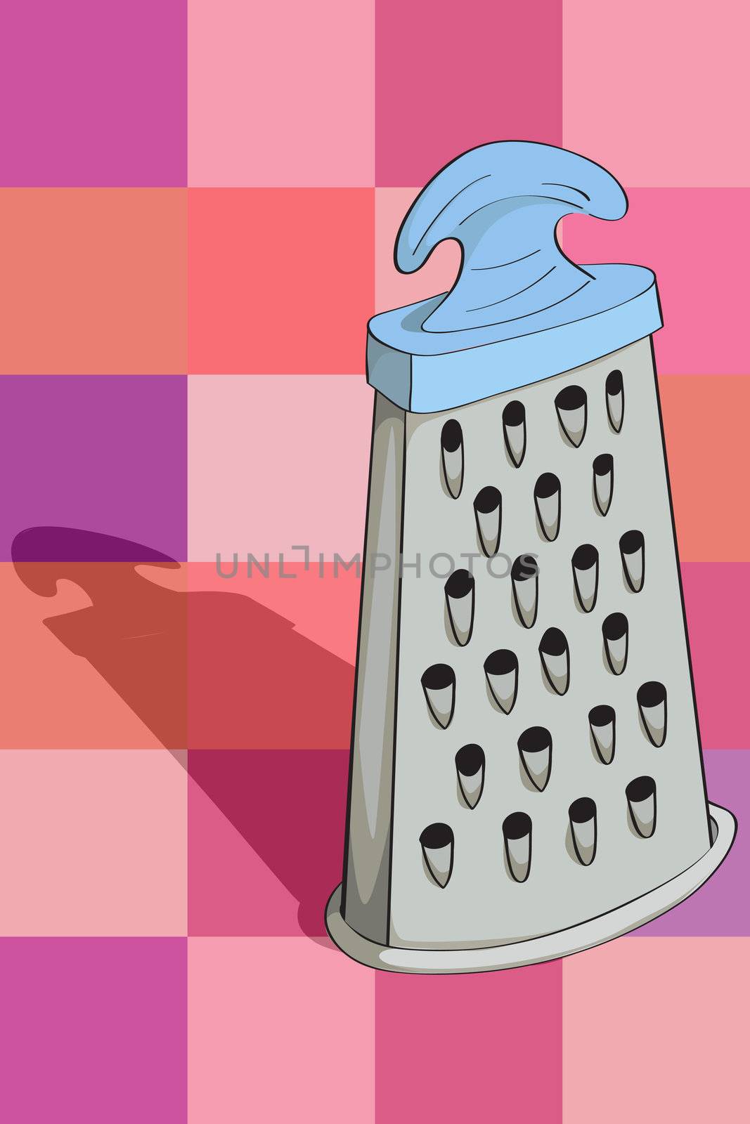 hand drawn illustration of a grater over a kitchen pattern with squares