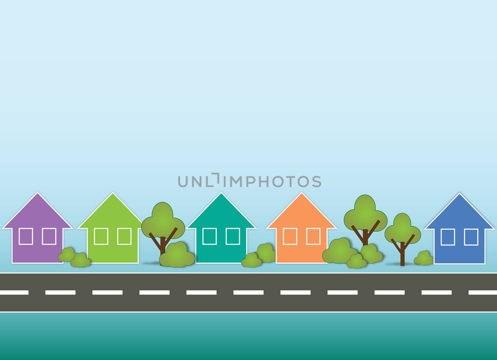street background with pastel colored houses and live trees
