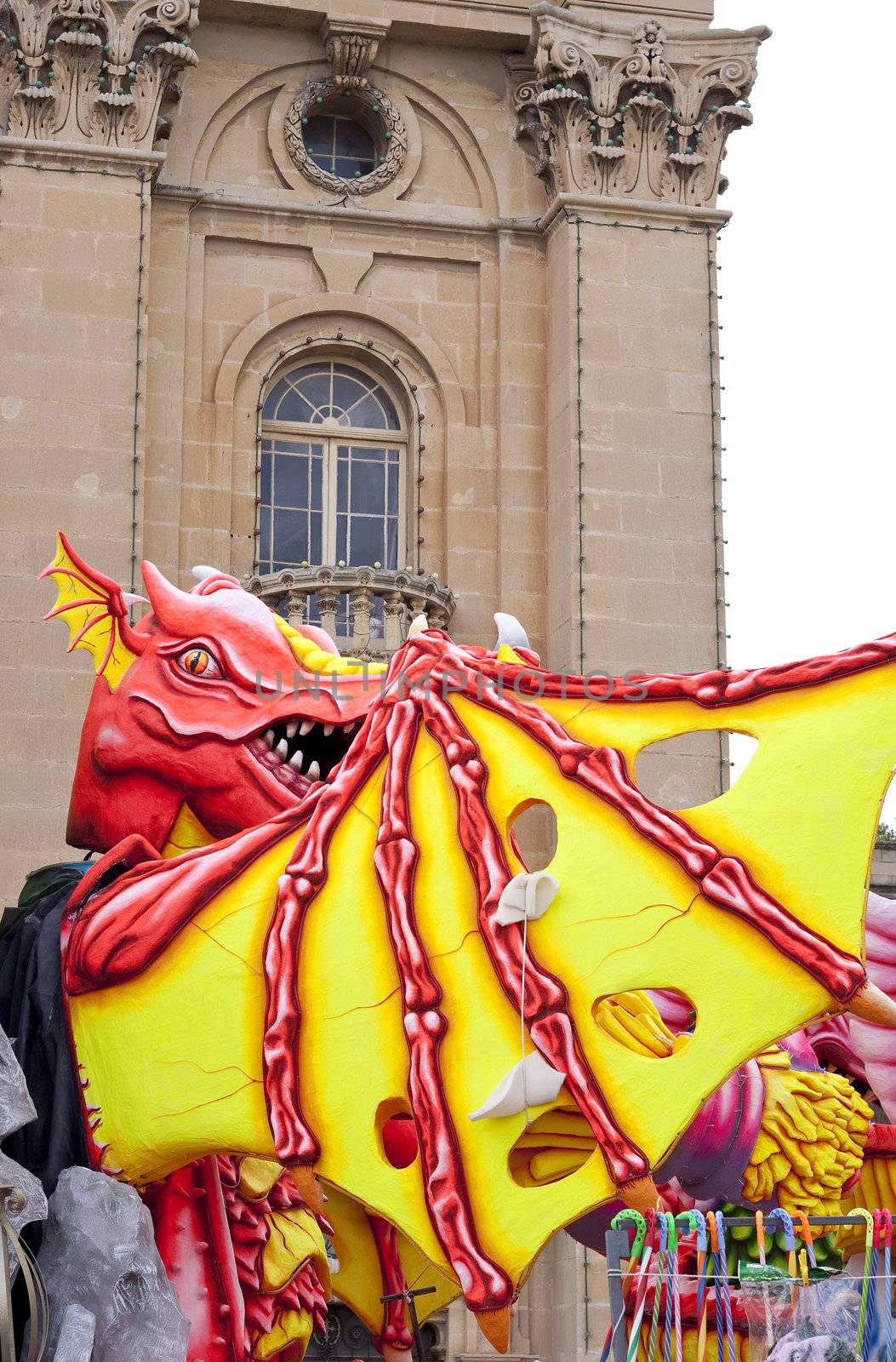 A colorful dragon made out of papier mache used during carnival festivities in Malta