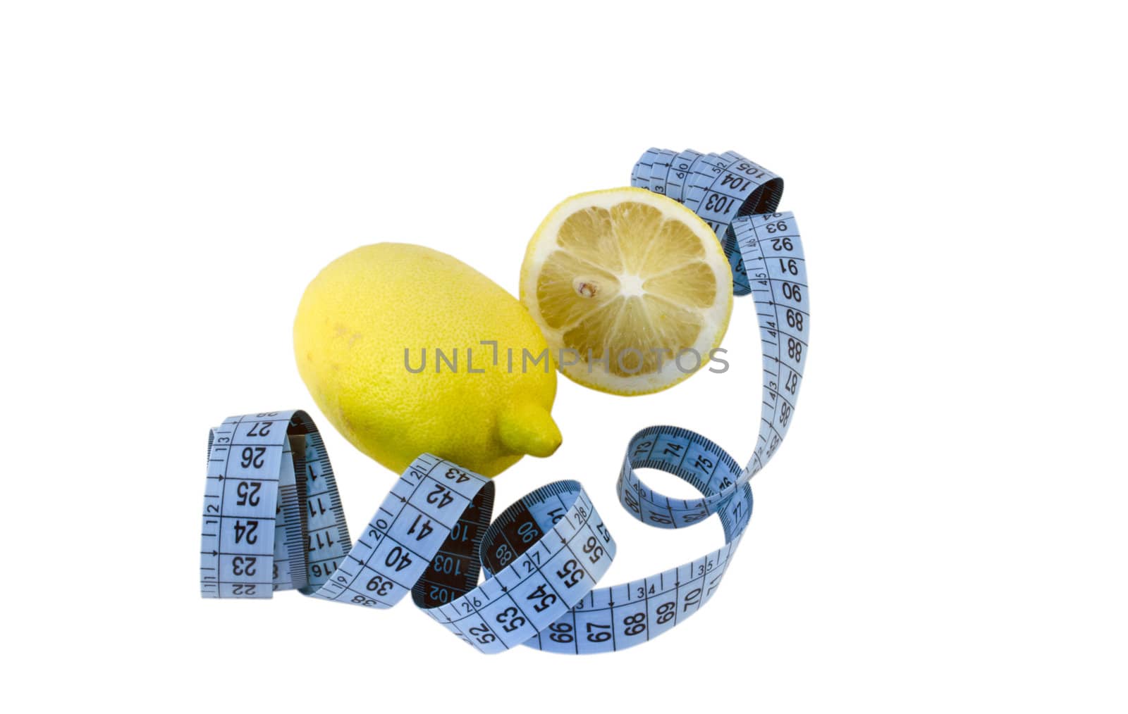 lemon composition with blue centimeter isolated on white background