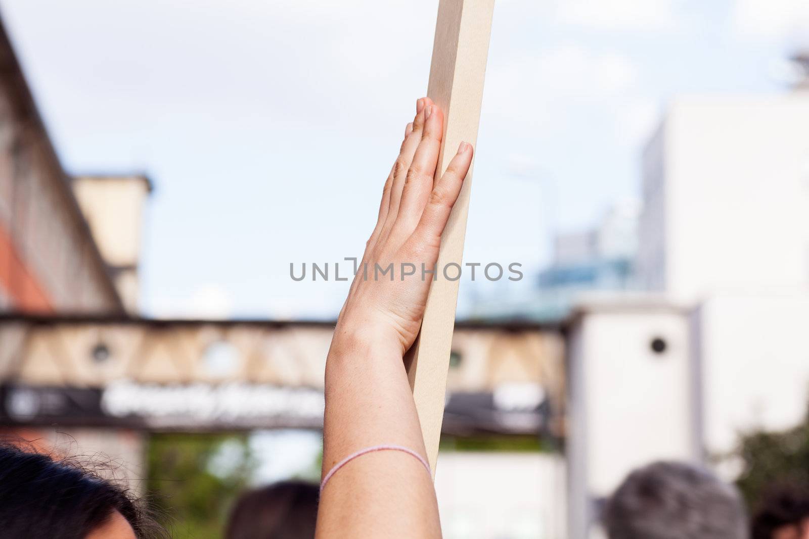 Girl with Wooden pole held by hand