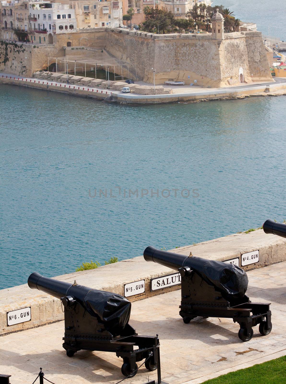 Canons at Upper Barrakka Gardens, in Malta, Europe, a public garden in Valletta