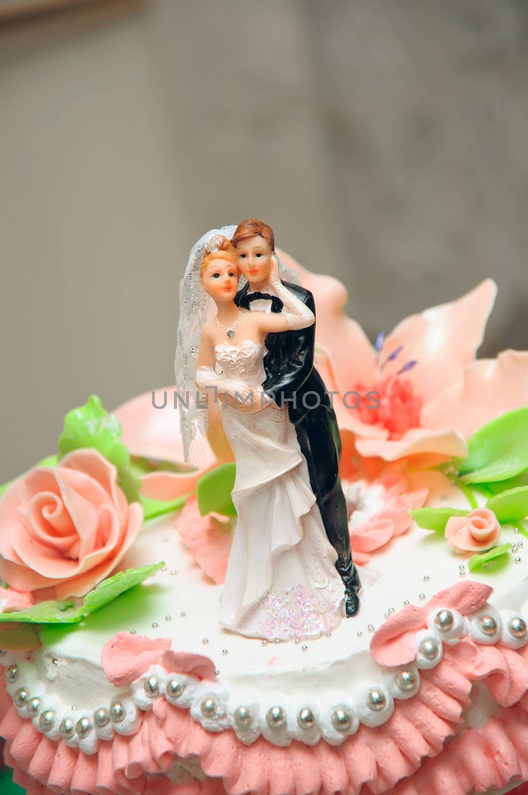 Embracing wedding couple. Figures on a cake