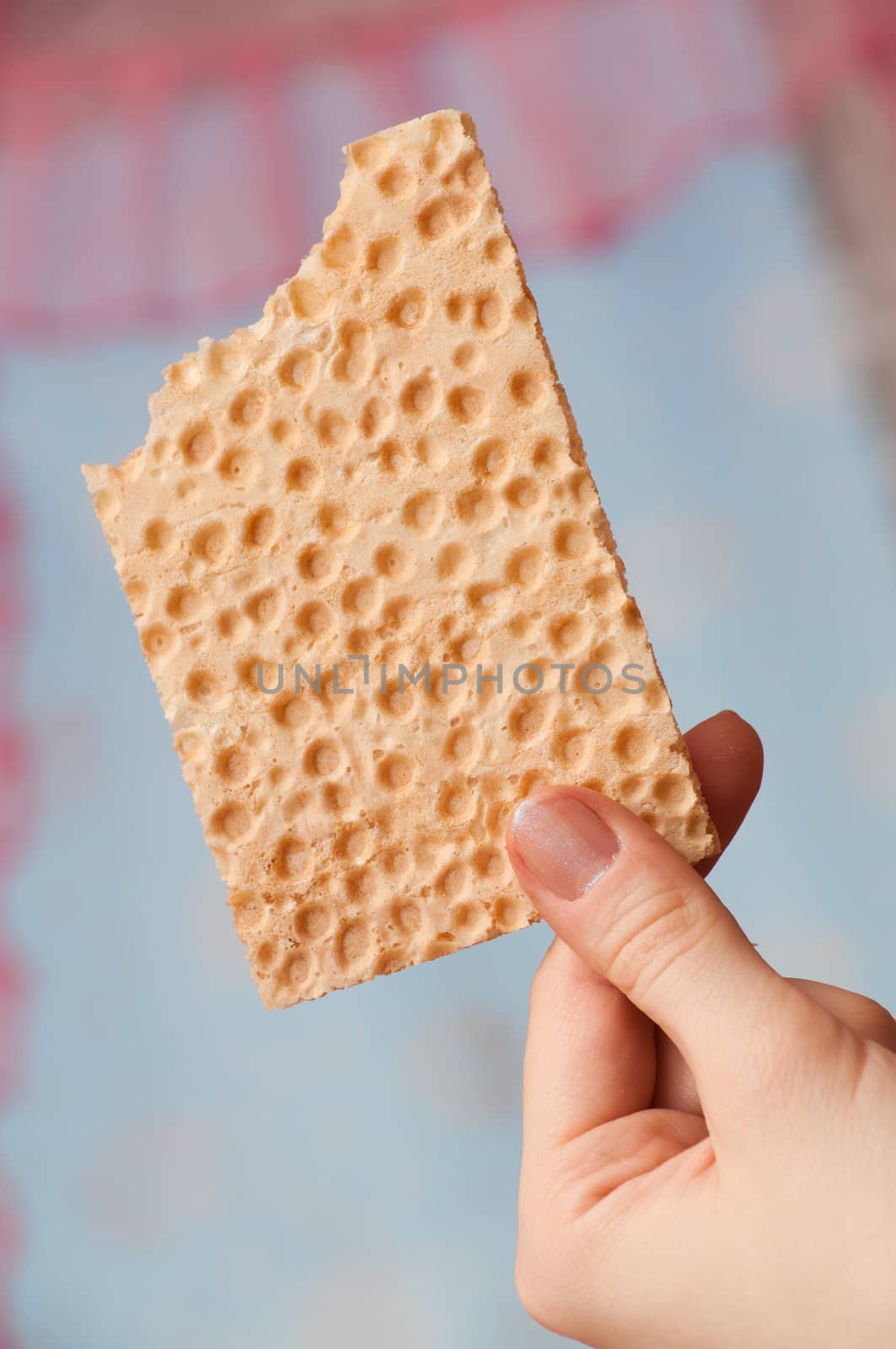 bitten bread crisps in a hand