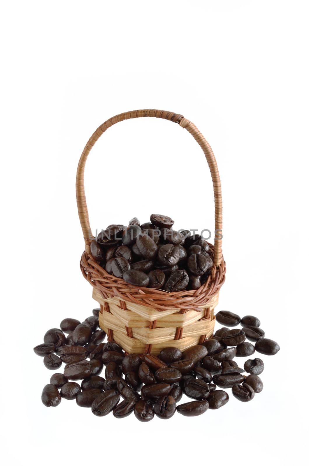 Coffee beans and basket isolated on white