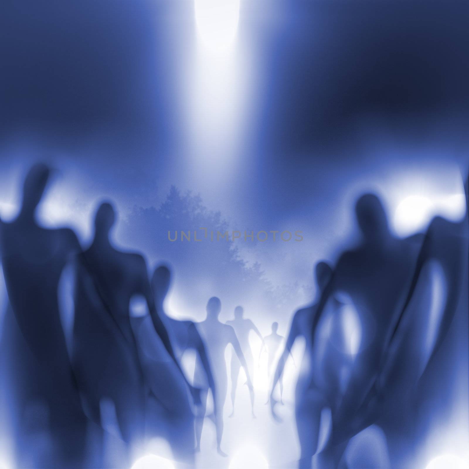Grainy and blurry image of human-like beings approaching.