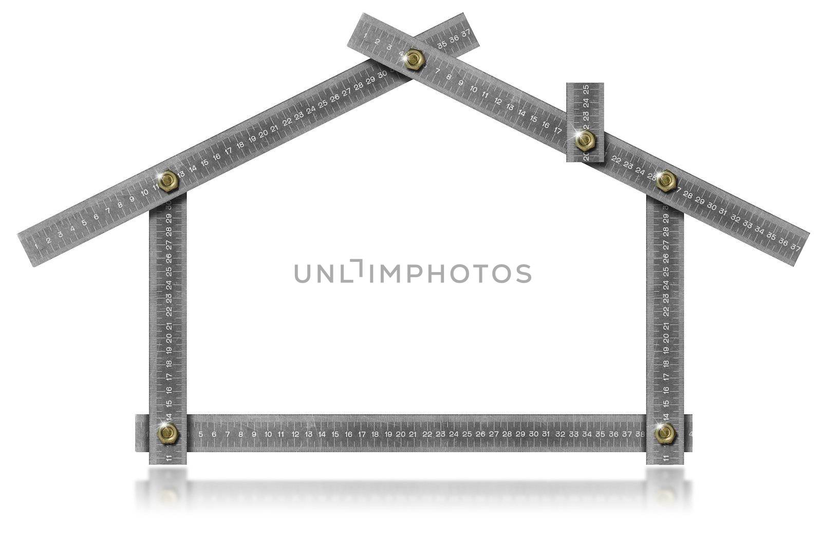 Metal meter tool forming a house with bolts and reflections
