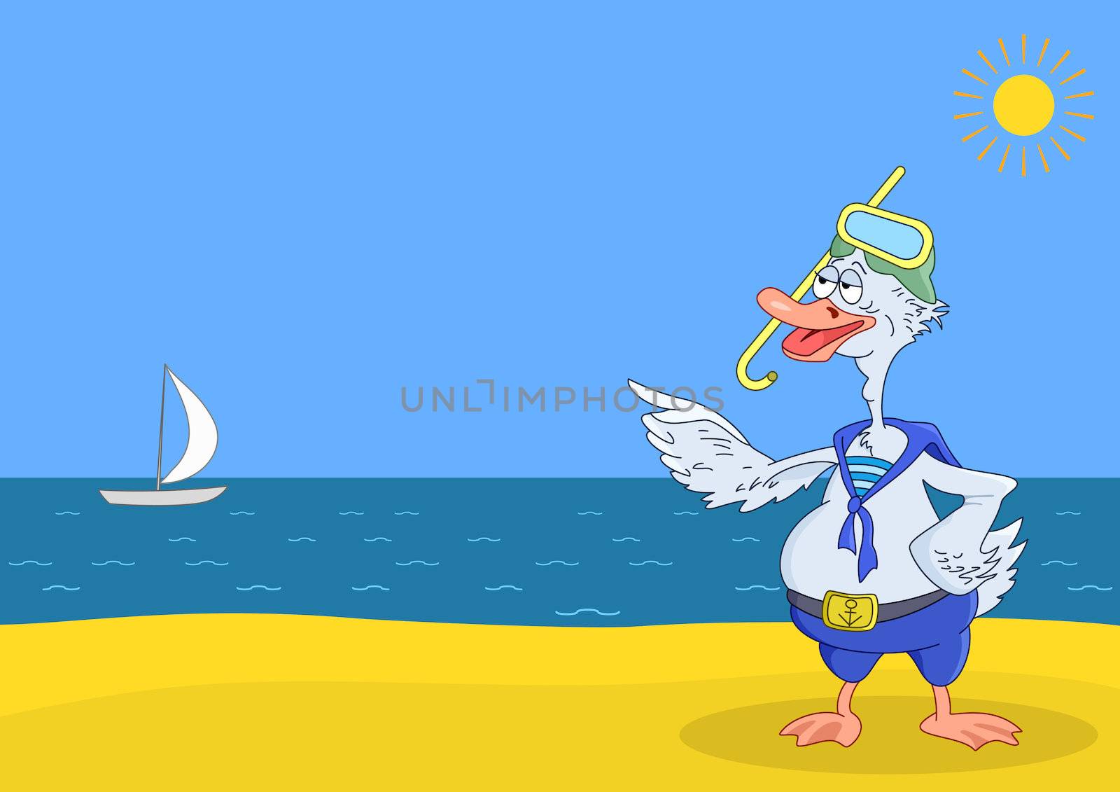 Cartoon: goose diver in the sea form and a mask for a scuba diving standing on the beach and watching a sailboat