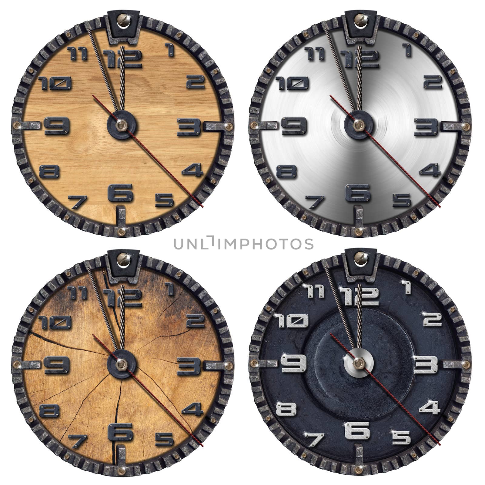 Collection of wooden and metallic grunge clocks on white background


