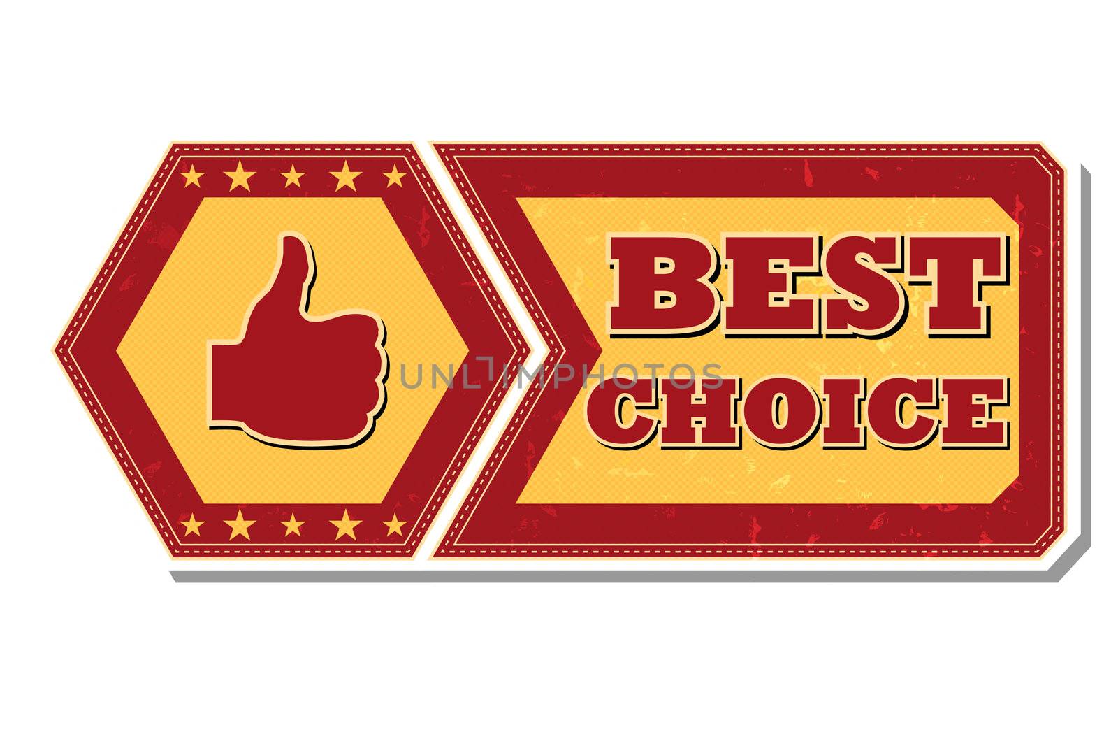 best choice and thumb up sign - retro style red ocher hexagon and flyer label with text, symbol and stars, business concept