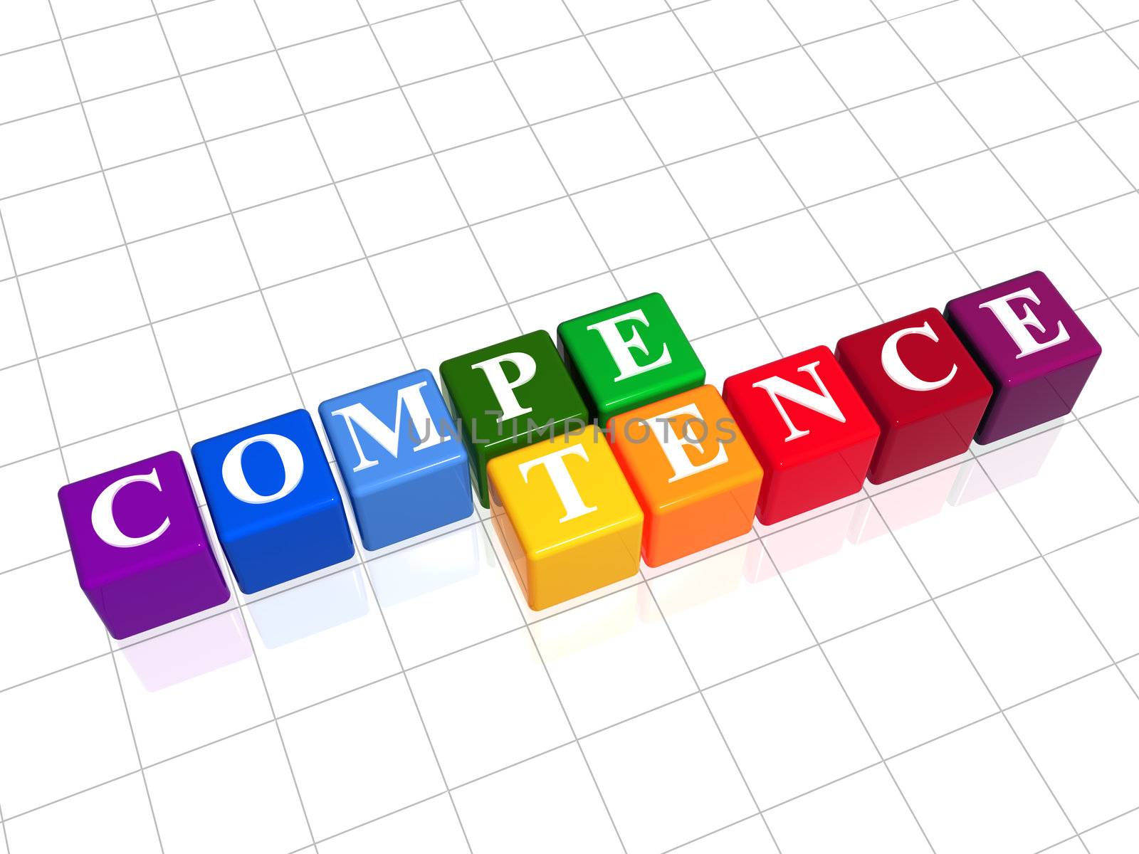 competence text - white letters on 3d different colors cubes rainbow arranged, business concept