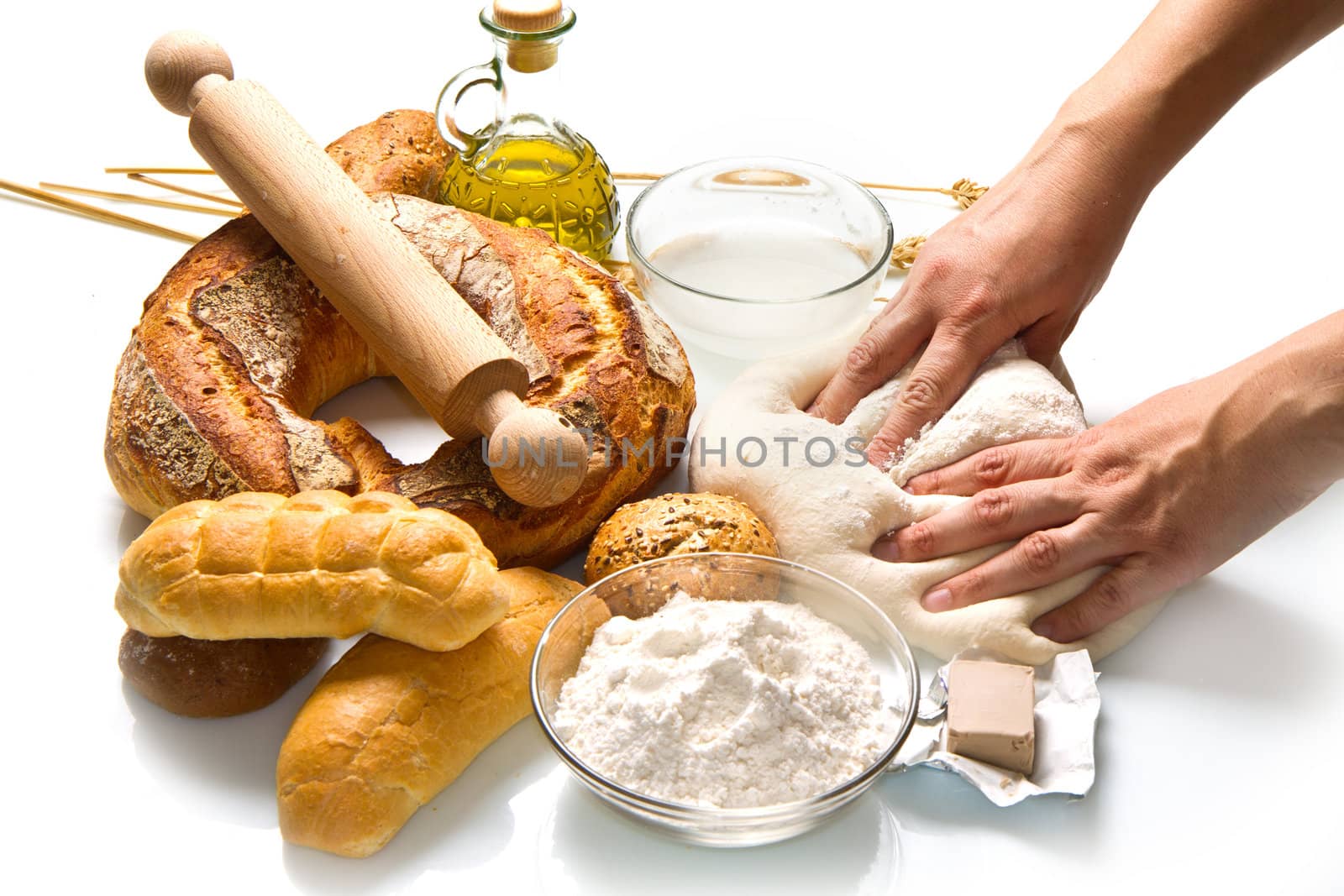 ingredients for homemade bread on white background