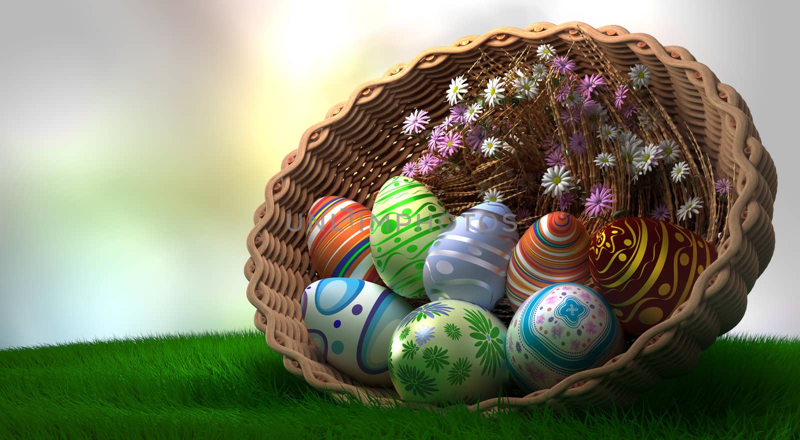 decorated Easter eggs on the grass in basket with flowers