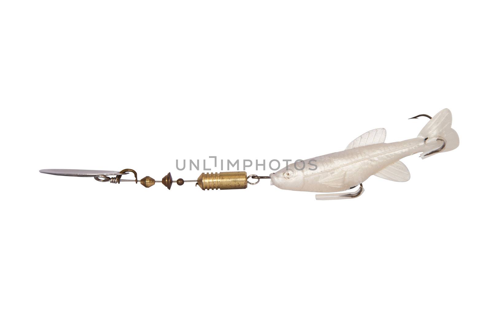 Fish bait with plastic fake white fish isolated on white