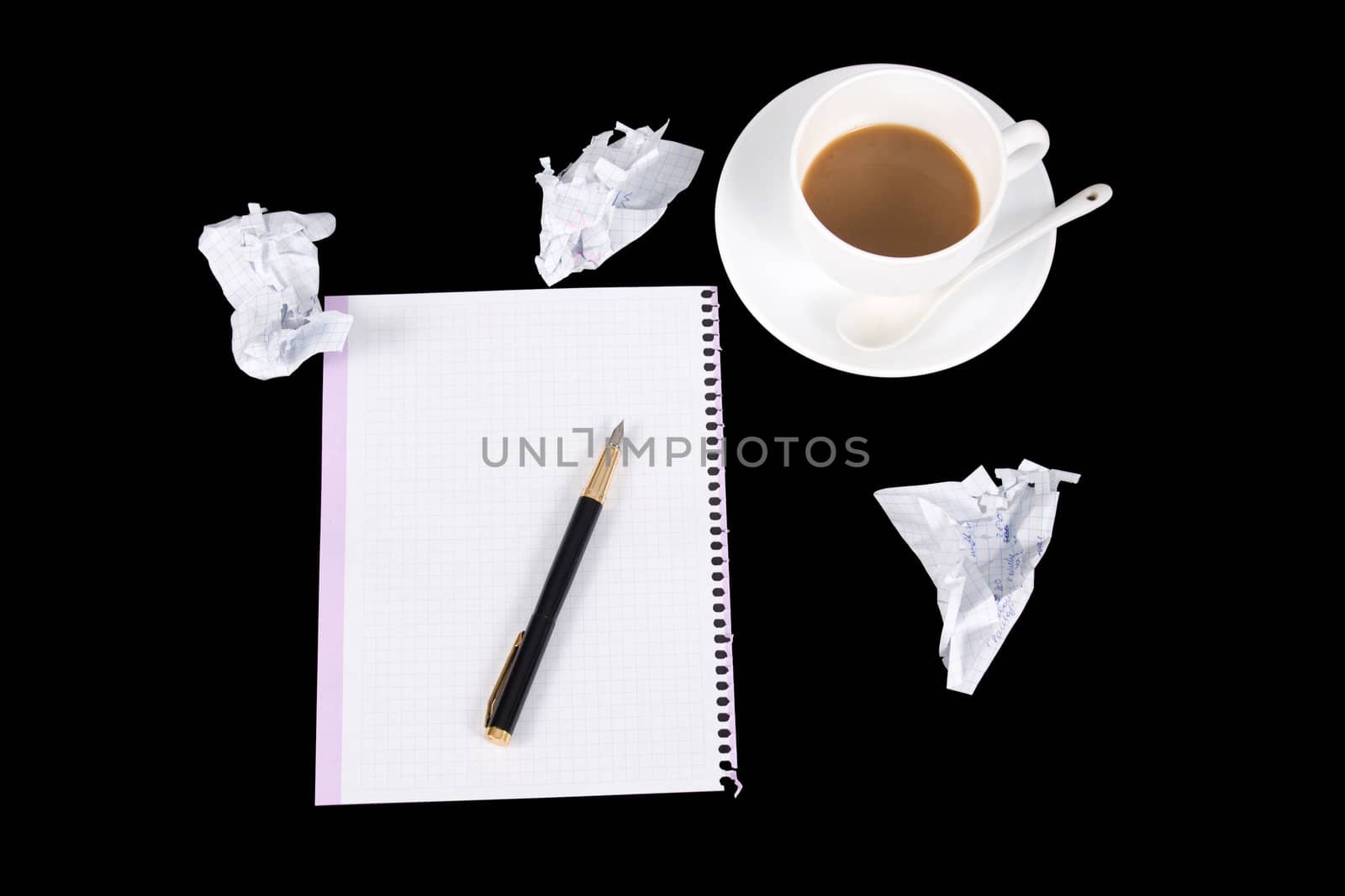 Pencil on a white paper with cup of coffee on dark desk