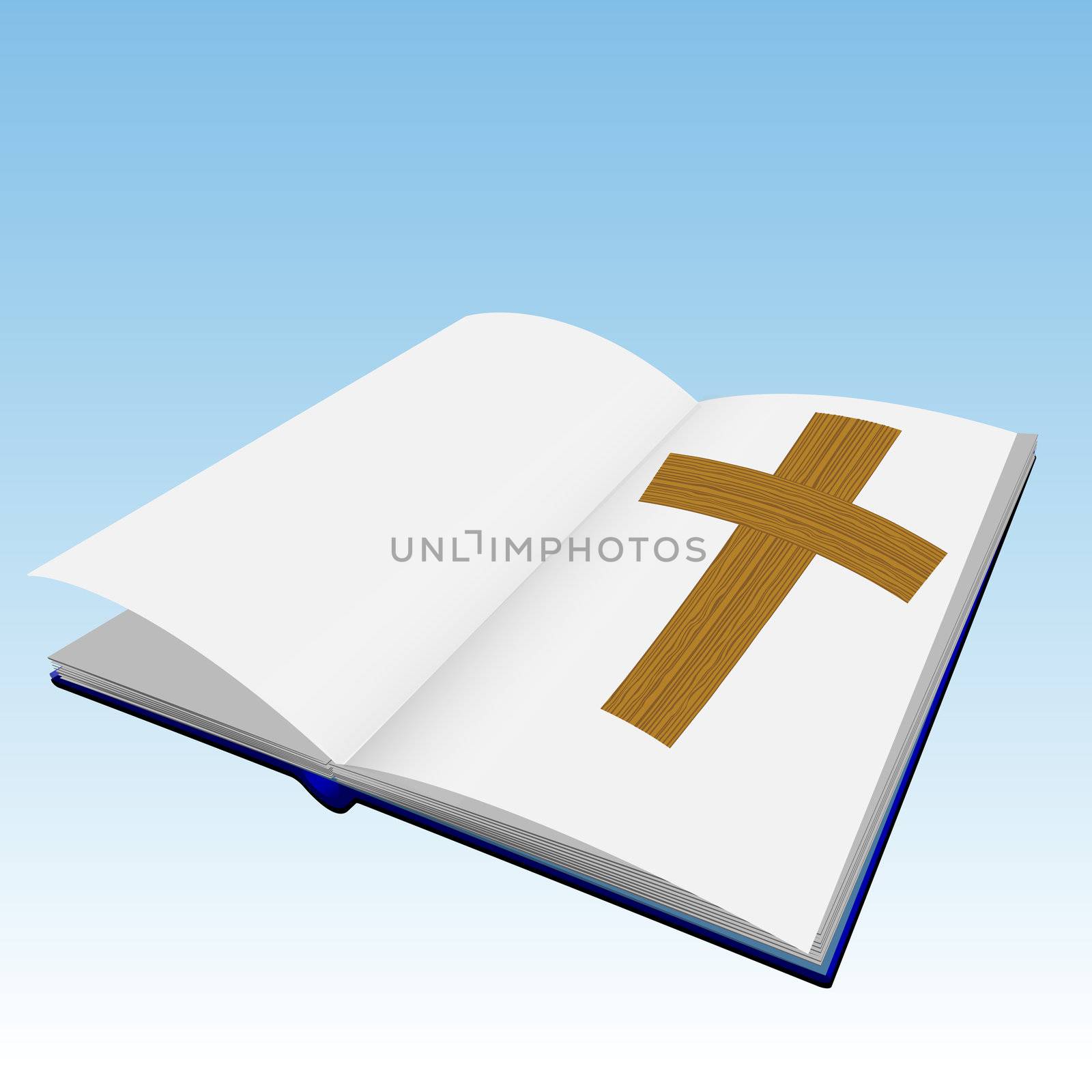 Bible with white pages and wooden cross