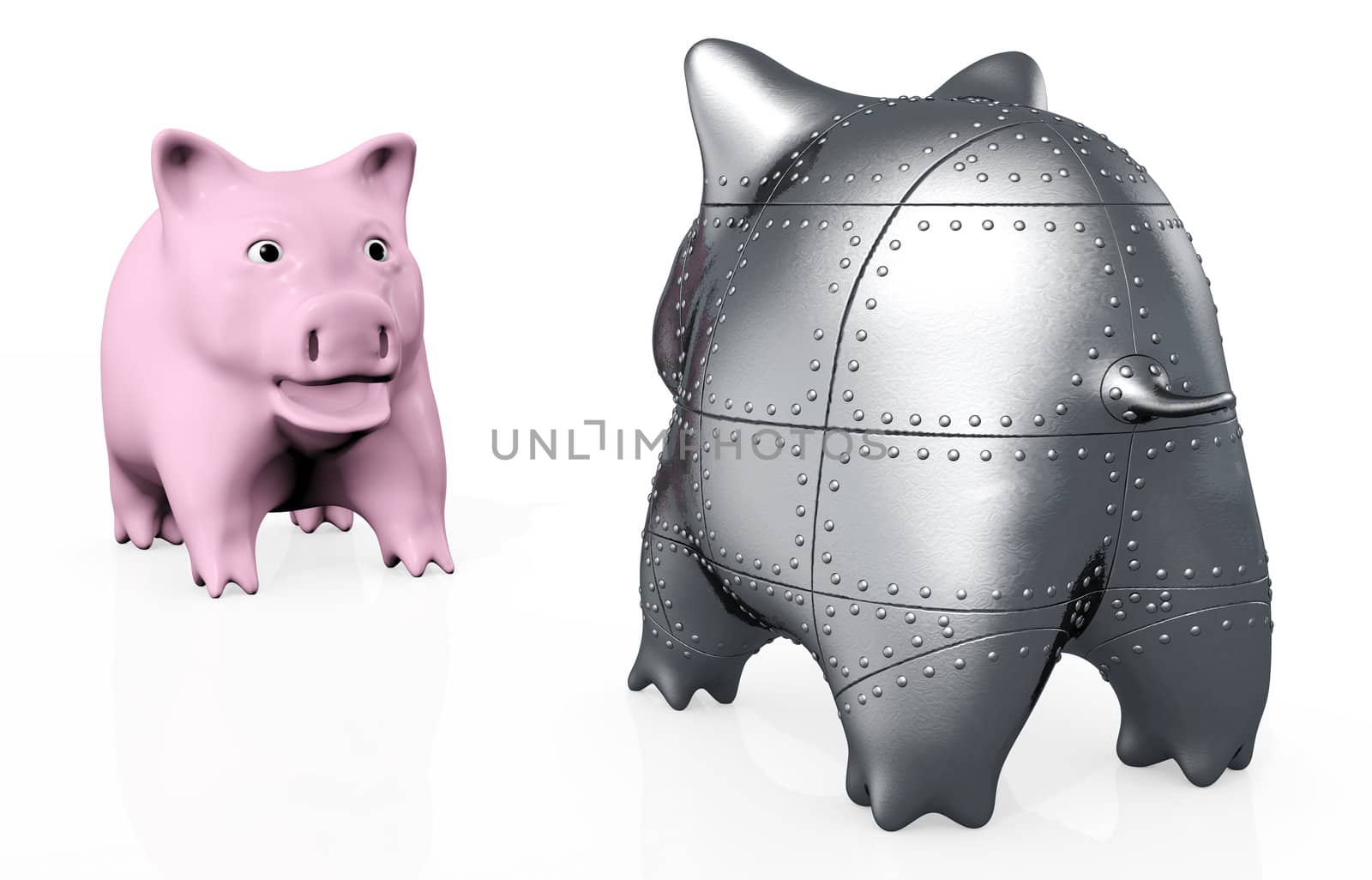 a standard pink piggy bank has an astonished expression because in front of him stands a stranger armored piggy bank viewed from behind