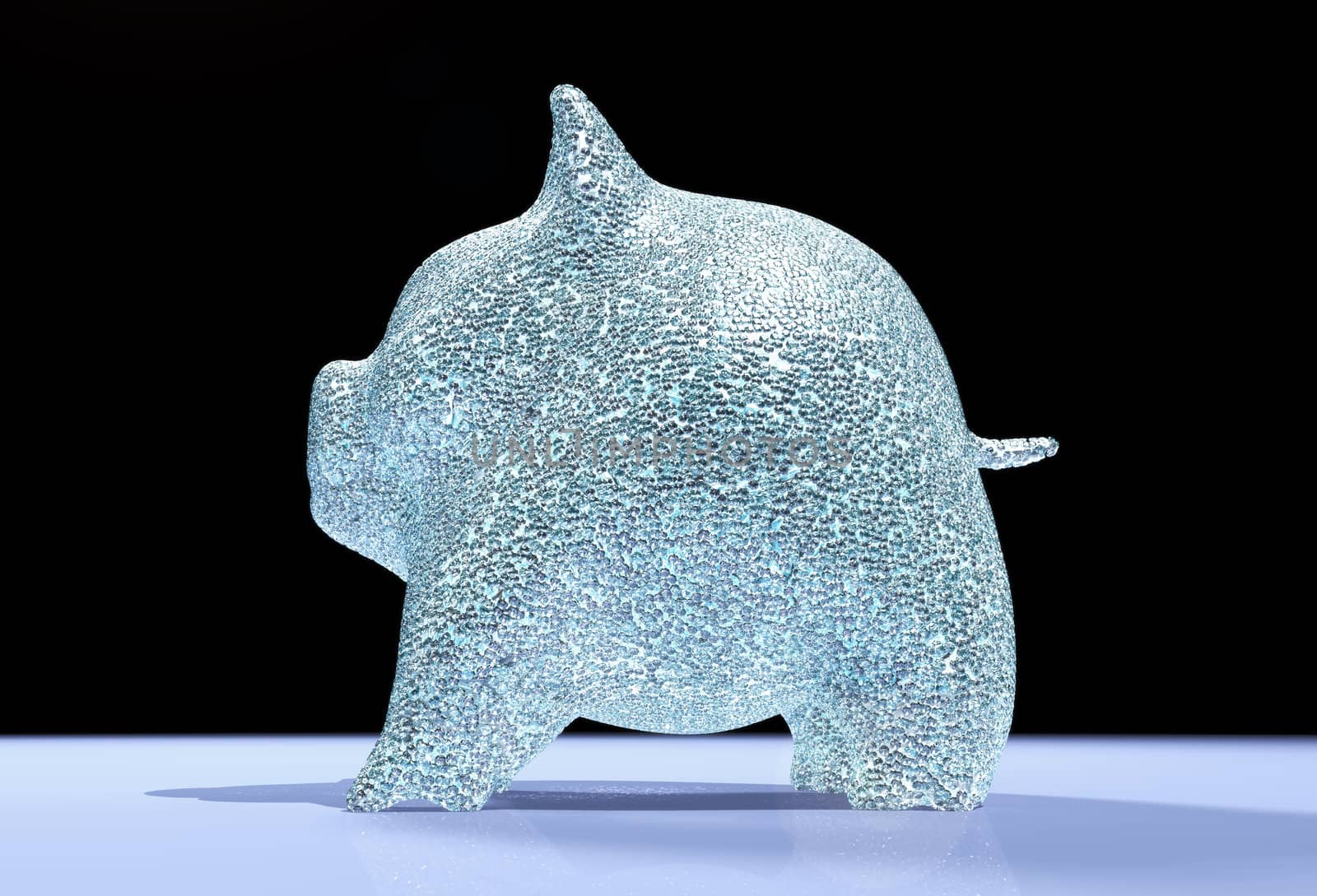 a viewed in profile of a piggy bank studded with small diamonds that stands on a blue floor and black background