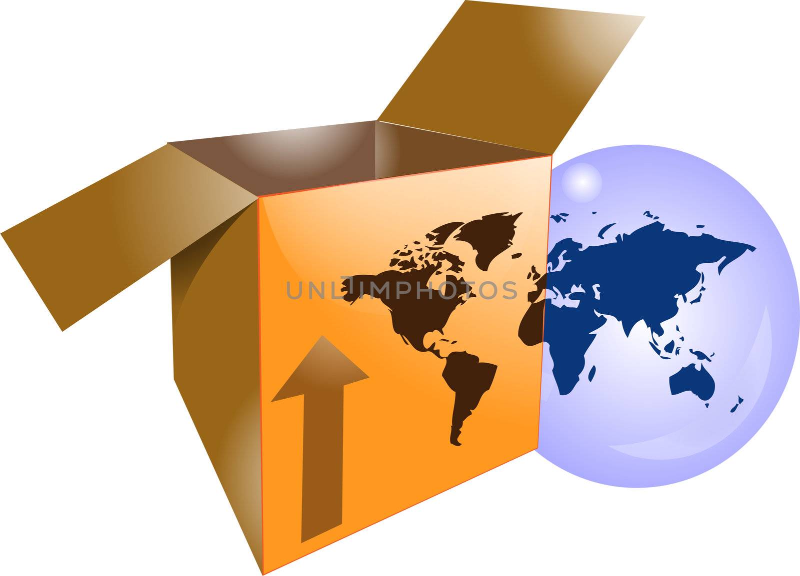 Cardboard shipping box with word map for international shipping