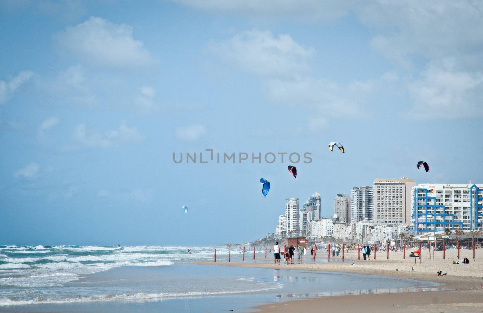 Surf beach. The border cities of Rishon Lezion and Bat Yam. Israel