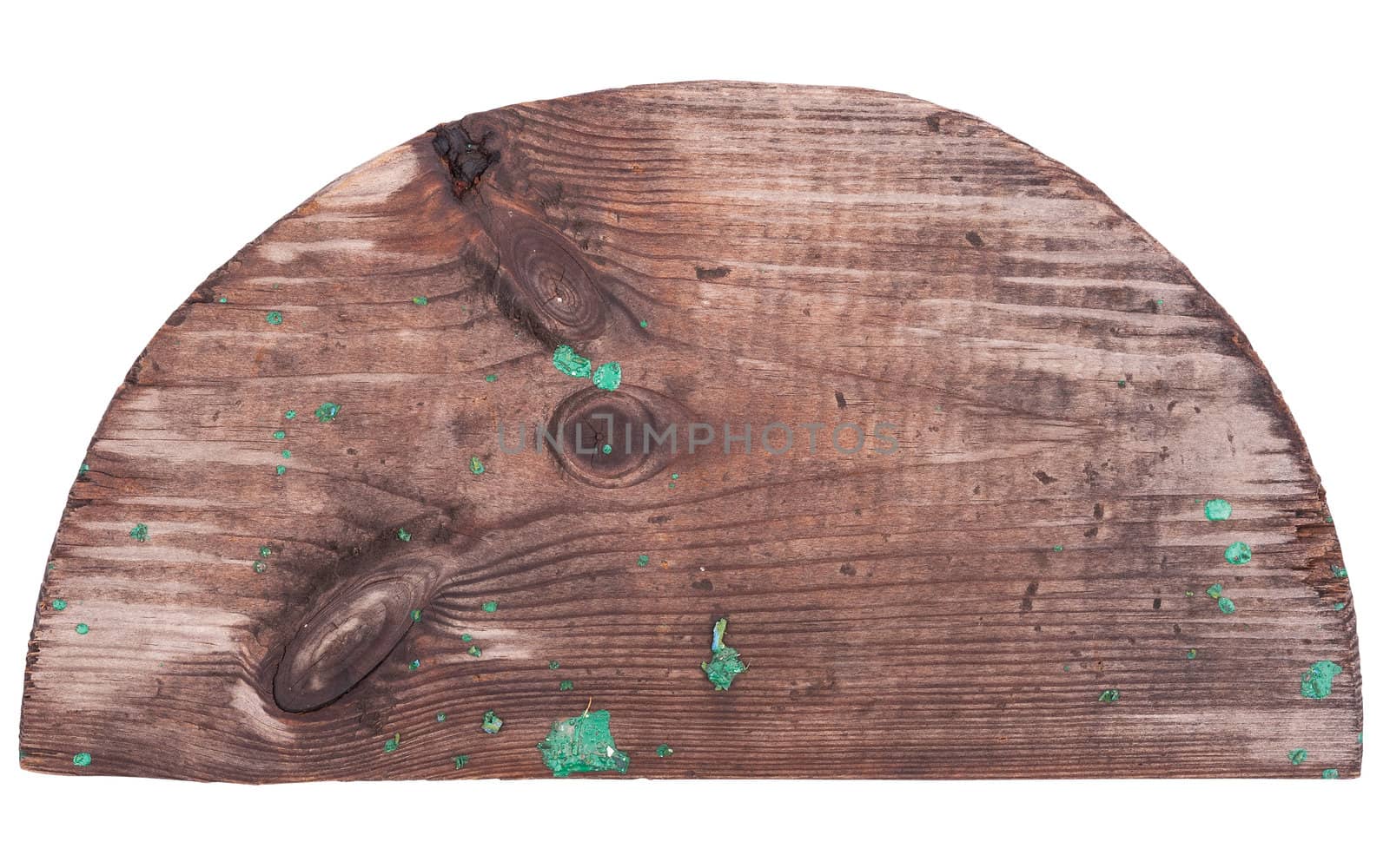 Wooden semi-circle with green patches of oil painting, isolated on white