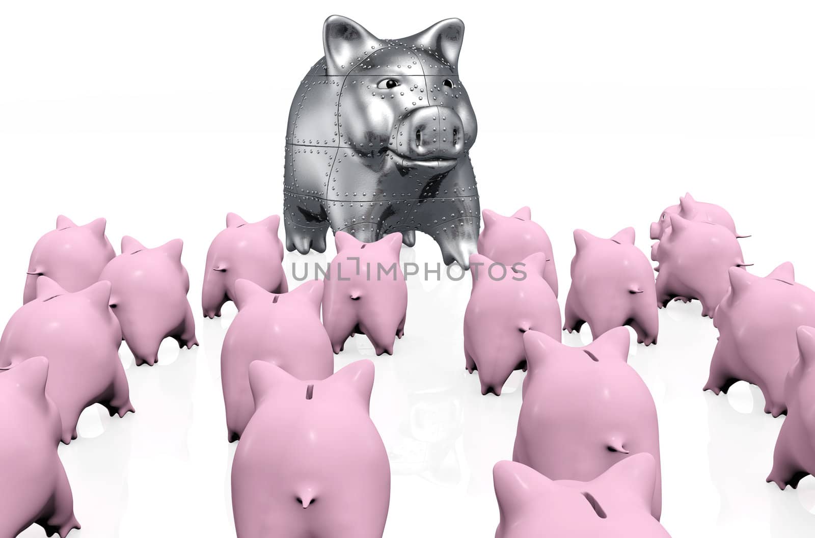 a small crowd of pink piggy banks viewed from behind at random mode stand in front a big armored piggy bank on a white background