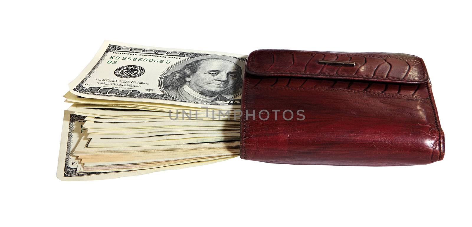 Full purse of money on the white background