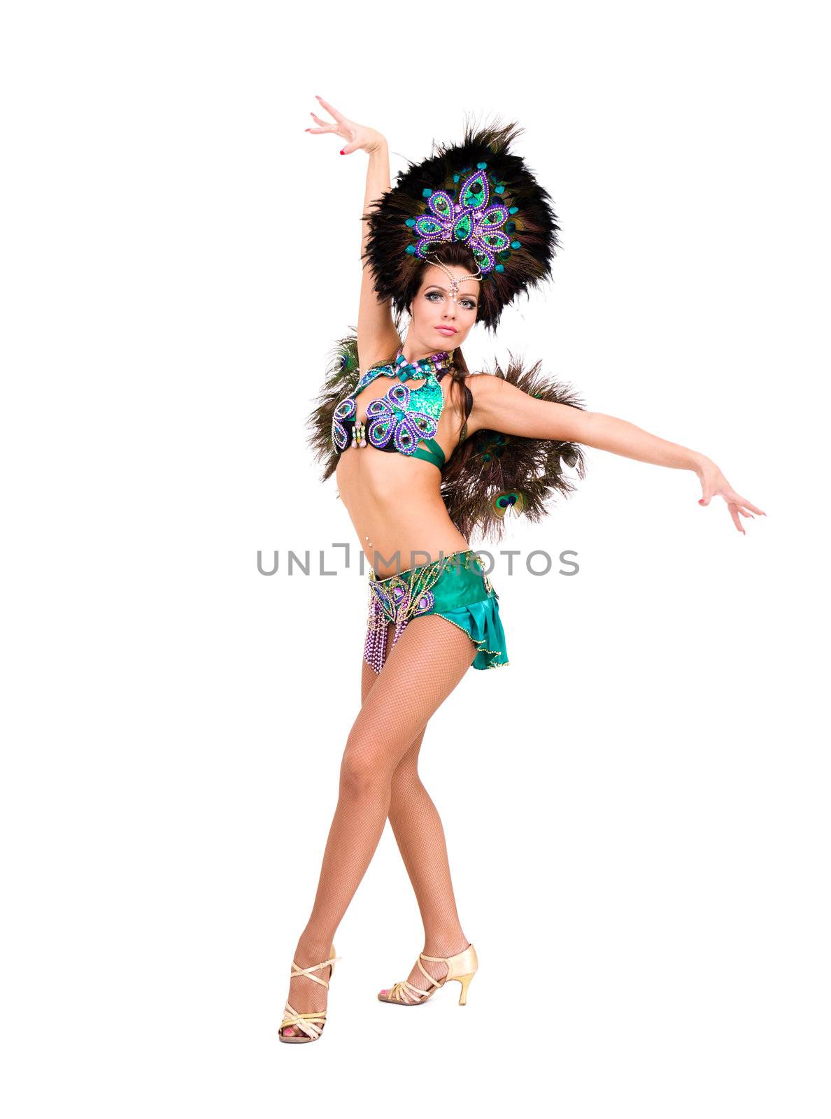 Beautiful carnival dancer woman full length studio portrait isolated on white