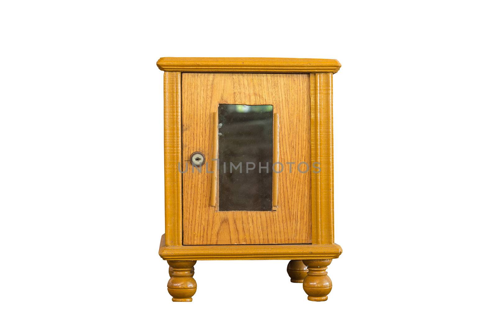 Wooden brown donation box with a lock, taken at front view, isolated