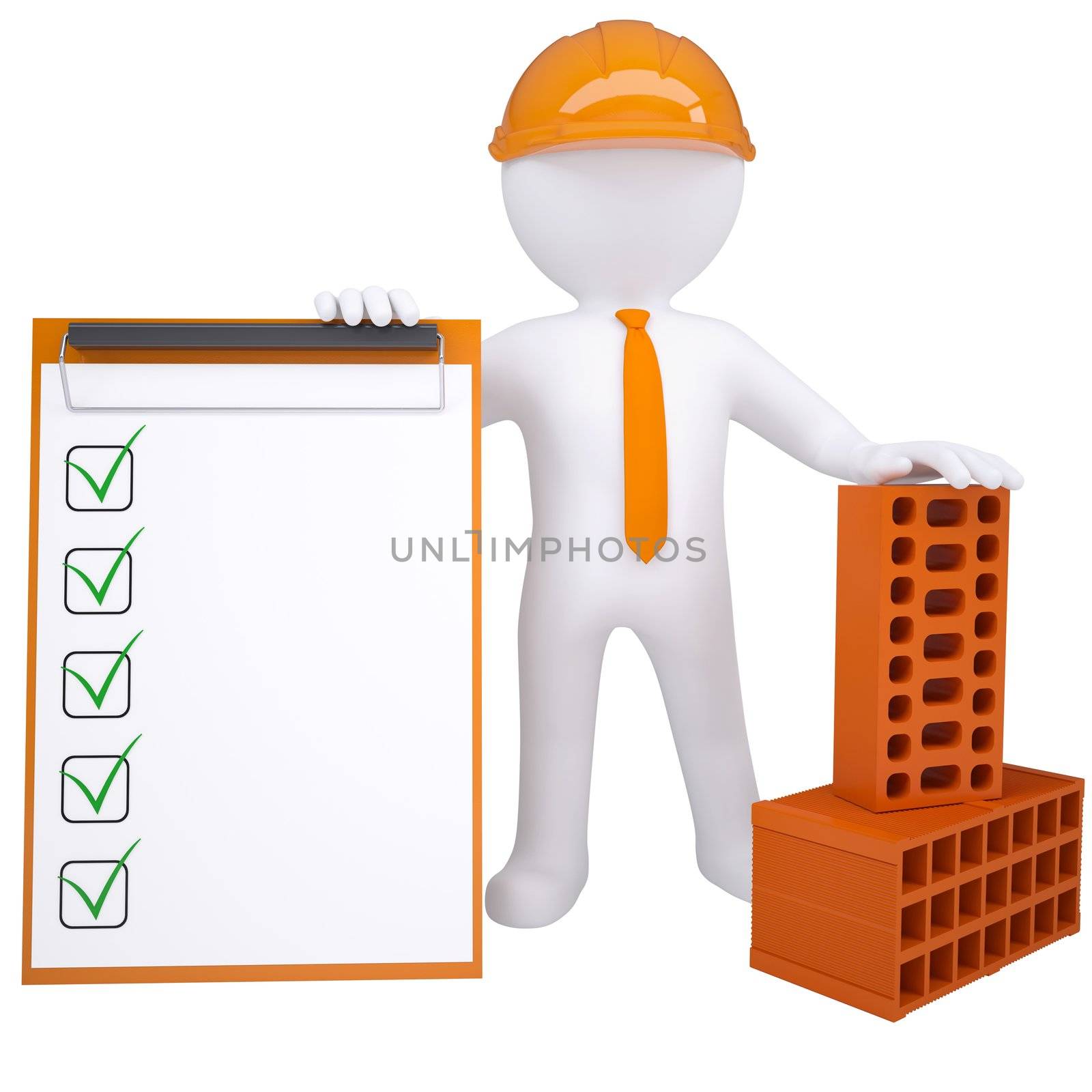 3d white man with a brick. Isolated render on a white background