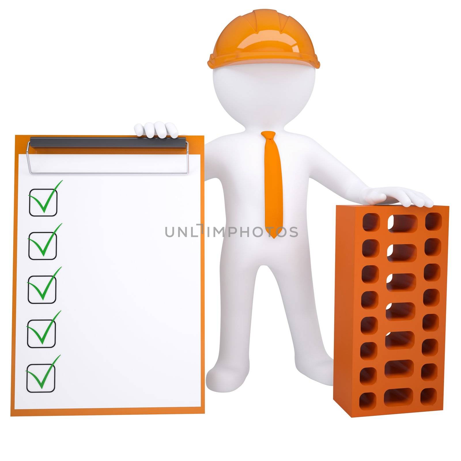 3d white man with a brick. Isolated render on a white background