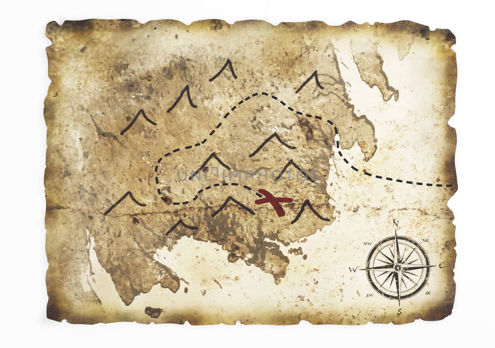 a old ruined stretch sheet with a treasure map drawn on it lies on a white background