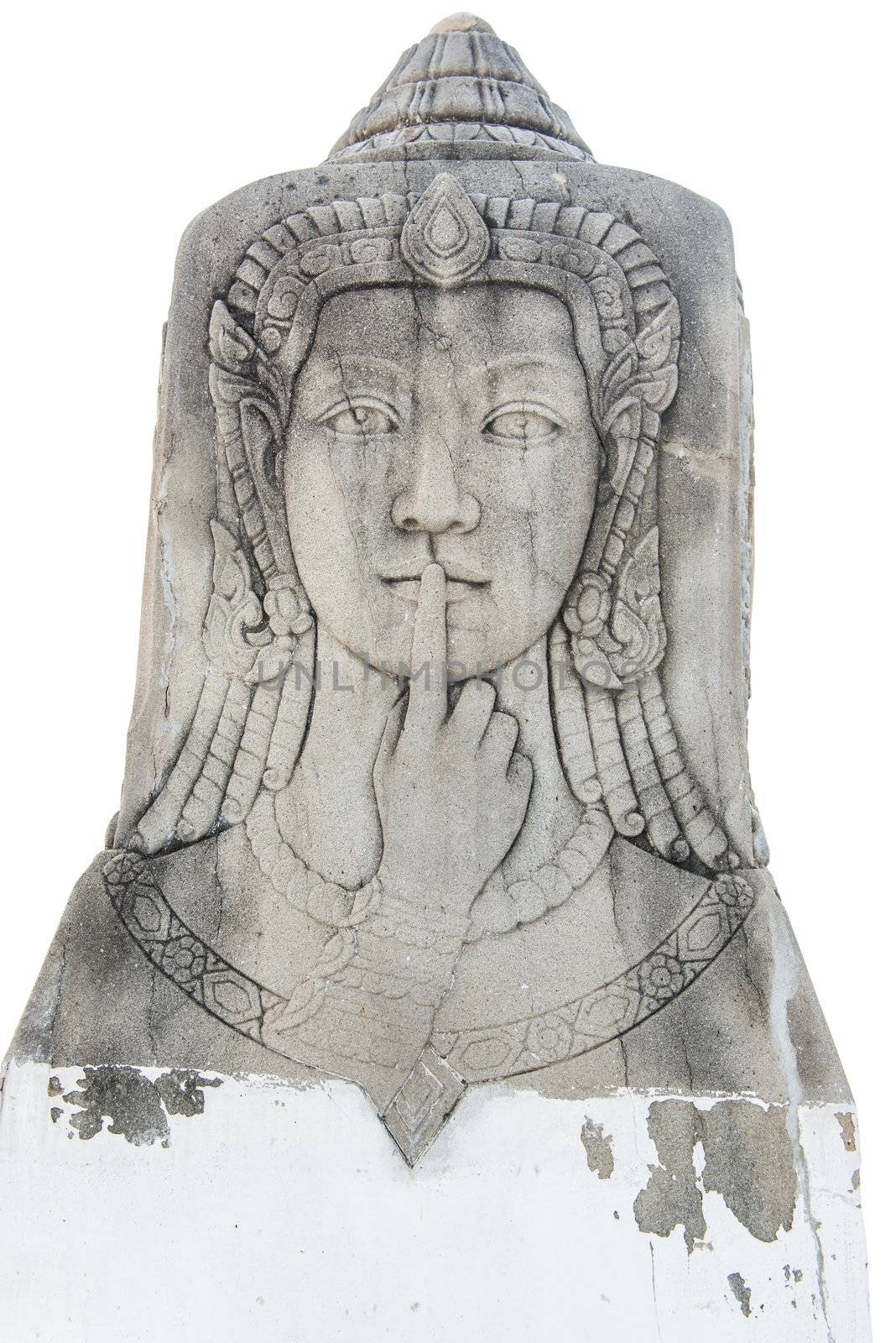 Traditional ancient asian angle faces in stone carving sculpture, isolated