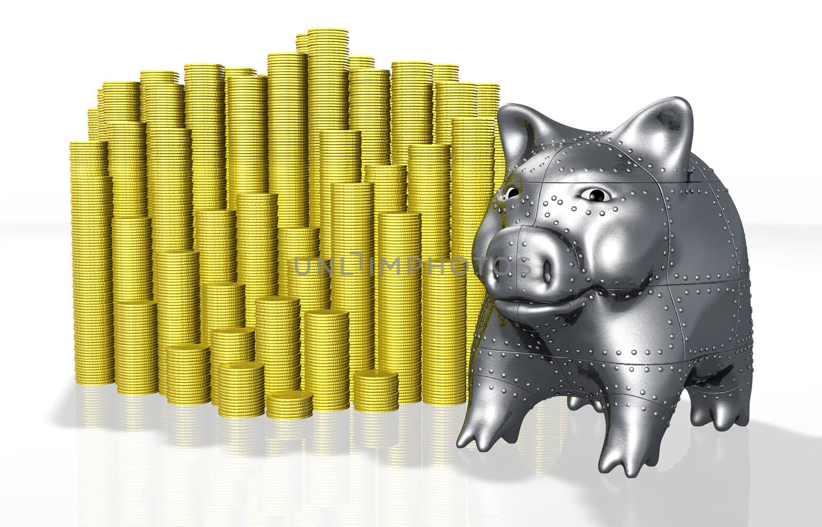 an armored piggy bank with a confident attitude stands next to stacks of coins as to protect them from theft