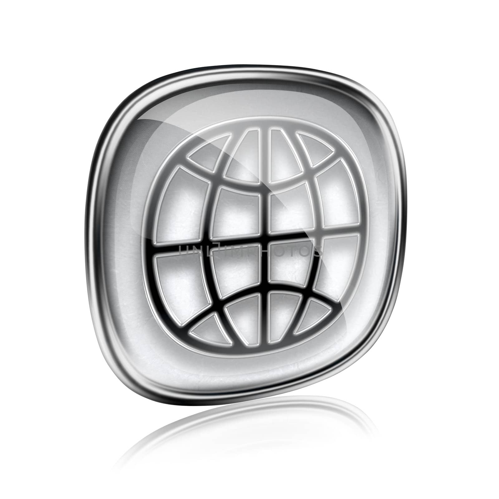 World icon grey glass, isolated on white background.